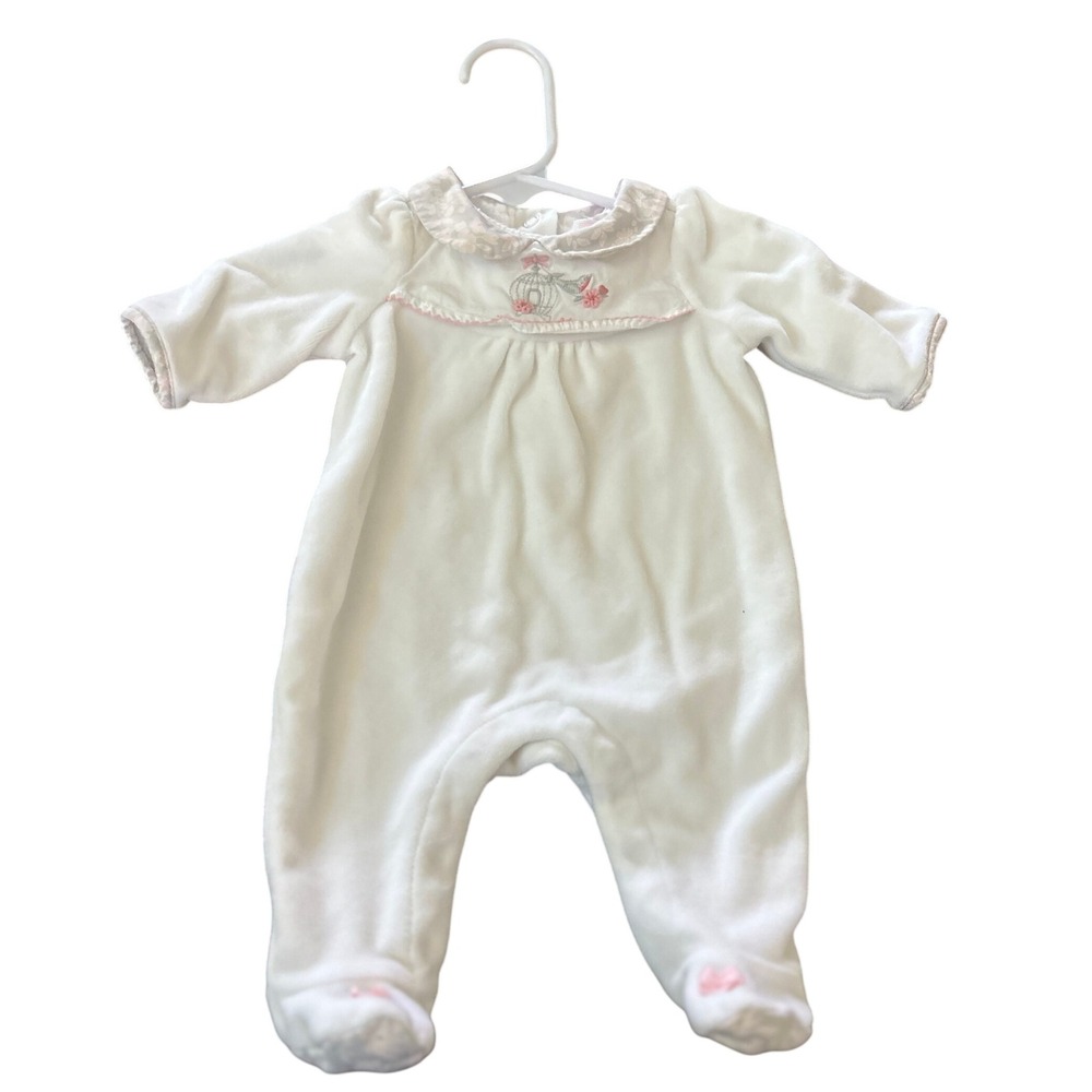 Janie and Jack Baby Girl White Velour Footed Sleeper Birdcage Embroidery NB